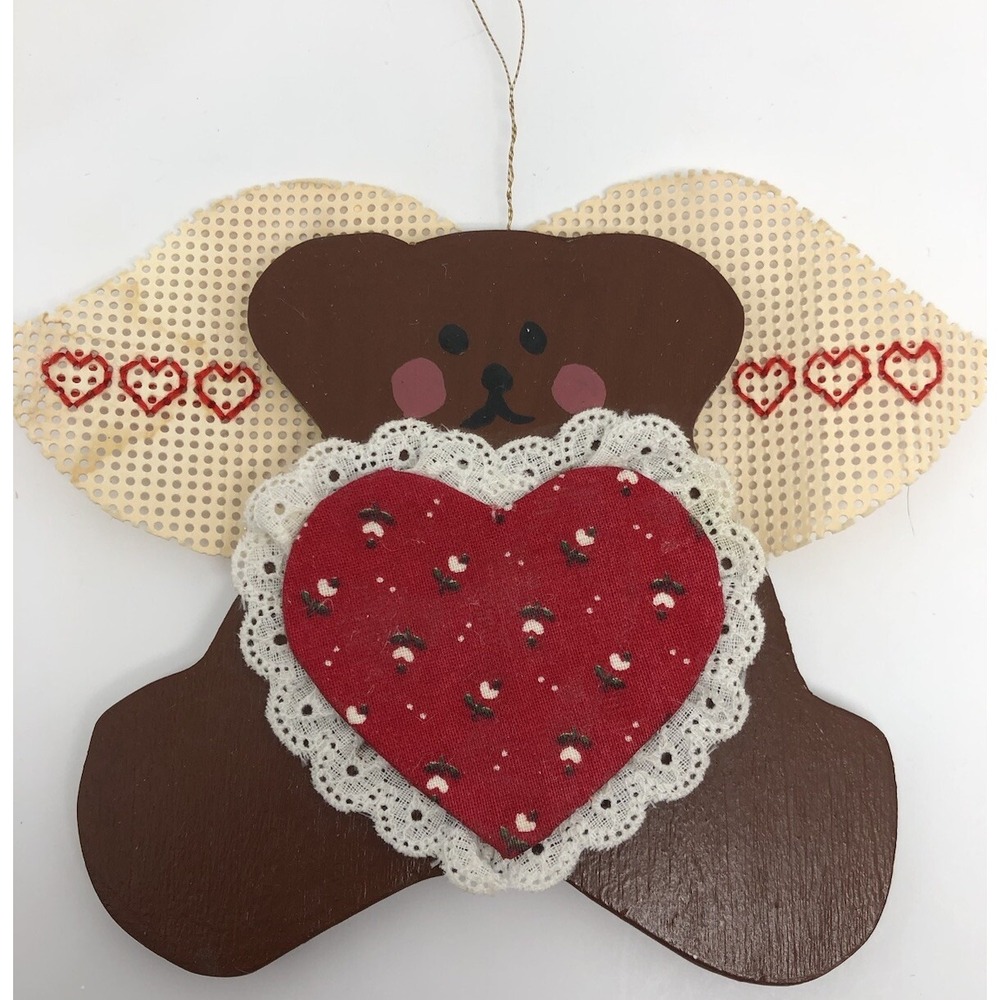 Handmade Hand Painted Wooden Bear Angel Ornament Hand Sewn Hearts Christmas